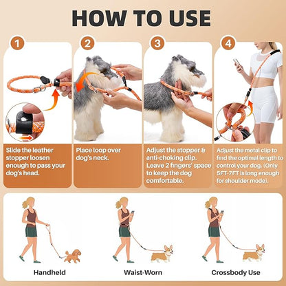 SlowTon Slip Lead for Dogs - Hands Free No Tangle Adjustable 4-6 FT 1/2” Rope, Heavy Duty Nylon Leash for Large Medium Dogs that Pull, No Pull Training Slip Leashes, 20-120lb, Orange