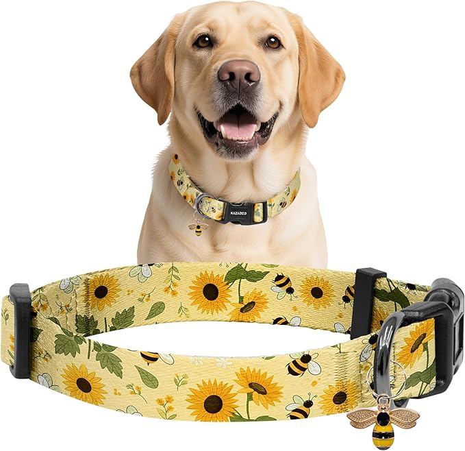 Kazazoo Dog Collar Cute and Soft Nylon Puppy Collar for Boy and Girl, Adjustable Dog Collars for Medium Large Dogs, Bees and Sunflowers-L