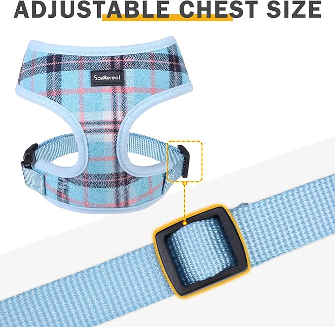 SCENEREAL Puppy Dog Harness with Leash Set for Small Medium Sized Dogs, Soft Mesh Pet Harnesses and Leash, No Chock Plaid Adjustable No Pull Vest for Dogs Cats, Chihuahua,Bulldog (Blue M)