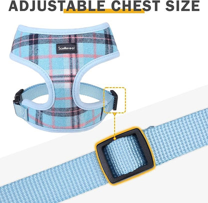 SCENEREAL Puppy Dog Harness with Leash Set for Small Medium Sized Dogs, Soft Mesh Pet Harnesses and Leash, No Chock Plaid Adjustable No Pull Vest for Dogs Cats, Chihuahua,Bulldog (Blue S)