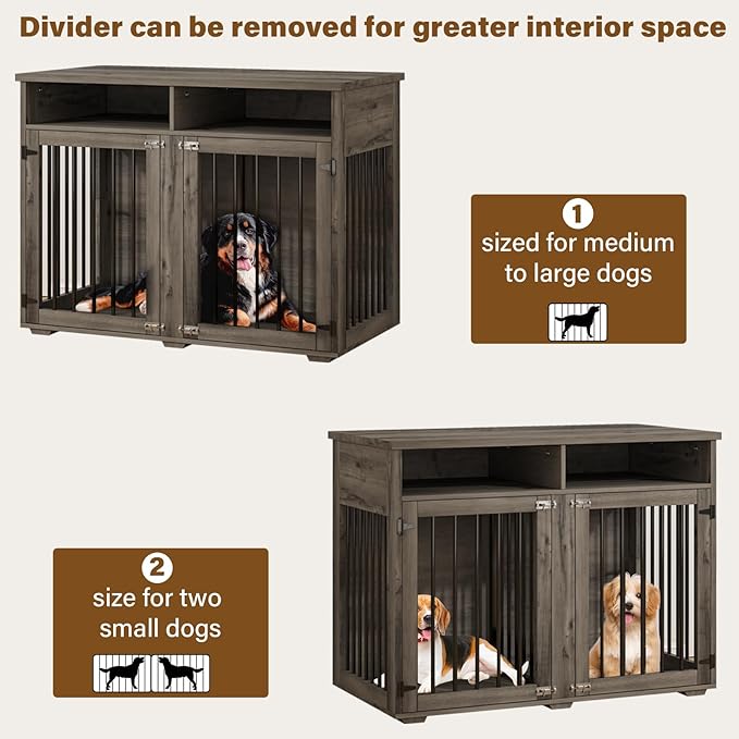 Furniture Dog Crate for Two Dogs, 41 Inch Farmhouse Style Dog Kennel with Removable Divider and Thickened Desktop, Heavy-Duty Base for Small to Medium Dogs, Grey