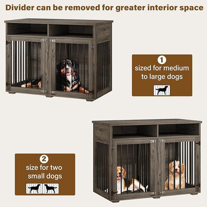 Furniture Dog Crate for Two Dogs, 41 Inch Farmhouse Style Dog Kennel with Removable Divider and Thickened Desktop, Heavy-Duty Base for Small to Medium Dogs, Grey