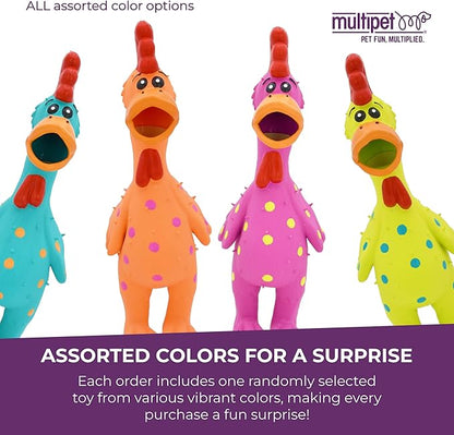 Multipet Polka Dot Globken Chicken Latex Dog Toy - Squeaky Toy for All Dogs - Easy-to-Clean Squeaky Toys - Latex Dog Toys for Playing (1 Count, 11.5”, Random Color Surprise)