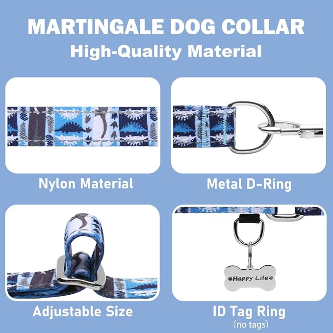 Reflective Martingale Collar for Dogs Nylon Training Collar with No Buckle, No Pull Escape Proof Dog Collar for Large Dogs（Blue Dinosaur，L）