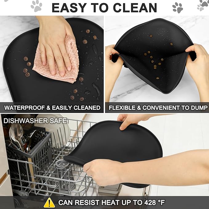 SMILOOL Small Silicone Pet Food Mat with Raised Edge for Food and Water Bowl, Square Dog Feeding Mats, Cat Food Trays for Floor Waterproof, Rubber Tray for Dogs and Cats, 12 x 12 x 0.7 Black