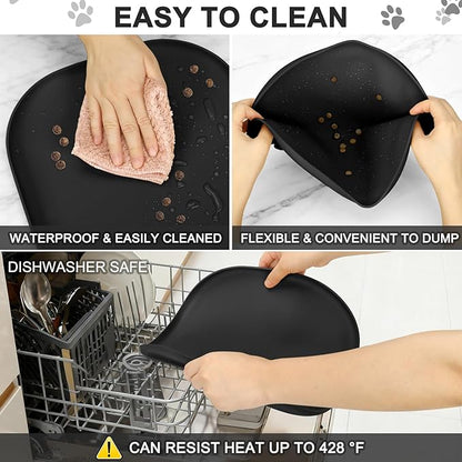 SMILOOL Small Silicone Pet Food Mat with Raised Edge for Food and Water Bowl, Square Dog Feeding Mats, Cat Food Trays for Floor Waterproof, Rubber Tray for Dogs and Cats, 12 x 12 x 0.7 Black