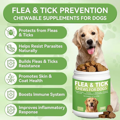Dog Flea and Tick Chewables for Dogs 200Ct, Natural Support Supplement, Flea Supplement for Dogs, Flea and Tick Chews for Dogs Puppies, All Breeds & Sizes, Digestive Health