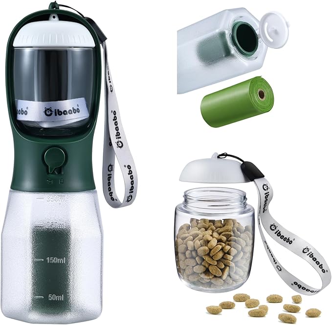 Cibaabo Dog Water Bottle with Food Container & Poop Bag Holder, Travel Water Bowl, Portable Pet Dispenser, Dog Gifts Stuff Accessories Items, Puppy Essentials for Yorkie Chihuahua Walking Hiking
