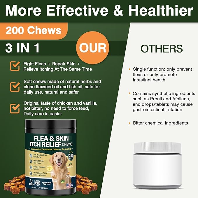 Dog Flea and Tick Prevention Allergy Chews - Omega 3 Skin and Coat Supplement,Immune Support,Natural Yeast,Itching & Licking Relief Treatment Chewable,Bites,Chews for Dogs Itching-200 Count