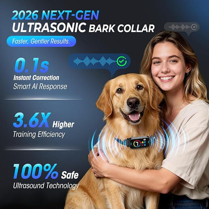 Ultrasonic Bark Collar for Large Medium Small Dogs, Humane No Bark Collar with Beep & Vibration, Smart Barking Collar with 7 Adjustable Sensitivity Levels, Rechargeable Bark Collar for Dogs,Waterproof