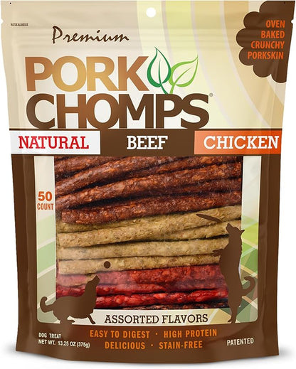 Pork Chomps Dog Chews, 5 Inch Munchy Sticks, 50 Count - Assorted Flavors: Roasted Pork, Chicken, & Bacon - Long-Lasting Treats for Dogs - High Protein, Low Fat, Healthy & Delicious Chews (1 Pack)
