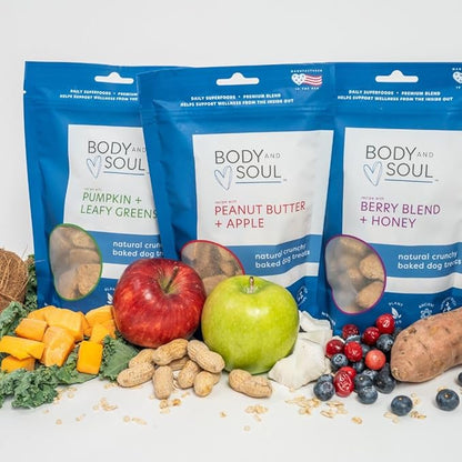 Body and Soul Superfood Crunchy Premium Health Training Dog Treat Variety 3Pk, Peanut Butter Apple, Pumpkin Leafy Green, Berry Blend Honey Clean Plant Protein Biscuit Oven Baked Ancient Grain Made USA