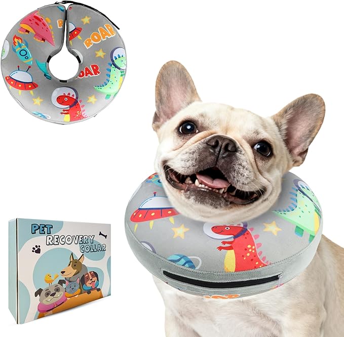 PAWCHIE Inflatable Dog Cone Collar Alternative, Soft Dog Cone for Medium to Large Dogs After Surgery, Adjustable Neck Recovery E-Collars Donut Collar with Cute Dinosaur Prints, Grey M