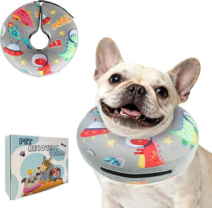 PAWCHIE Inflatable Dog Cone Collar Alternative, Soft Dog Cone for Medium to Large Dogs After Surgery, Adjustable Neck Recovery E-Collars Donut Collar with Cute Dinosaur Prints, Grey M