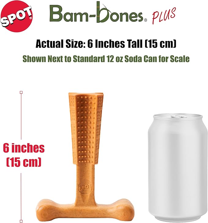 SPOT Bam-Bones Plus T Bone - Bamboo Fiber & Nylon, Durable Long Lasting Dog Chew for Aggressive Chewers – Toy for Dogs & Puppies Under 60lbs, Non-Splintering, 6in, Allergen Free Peanut Butter Flavor