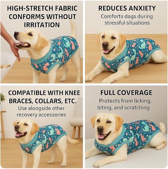 PetWarm Dog Recovery Suit After Surgery, Dog Bodysuit, Substitute E-Collar and Cone, Pet Surgery Recovery Suit, Female Male Dog Onesie for Spay Neuter, Dinosaur Pattern, Multi-Colored, 2XL