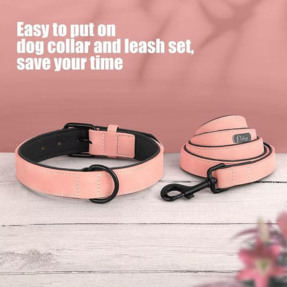 Didog Soft Padded Leather Dog Collar and Leash Set,Adjustable Dog Lead and Collar Set with Metal Buckle, Breathable Pink Pet Collars with 4FT PU Leather Leash for Medium Large Dogs, Pink, L