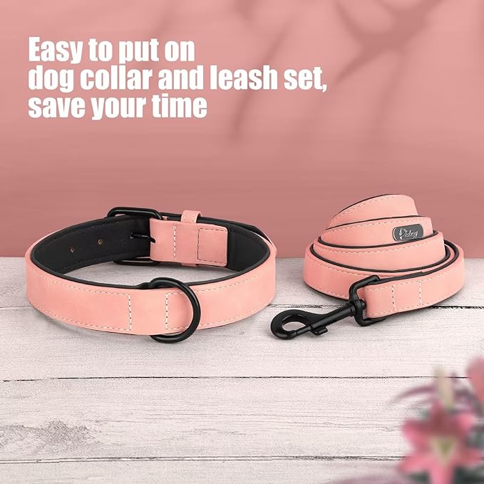 Didog Soft Padded Leather Dog Collar and Leash Set, Adjustable Dog Lead and Collar Set with Metal Buckle, Breathable Pet Collars with 4FT PU Leather Leash for Small Medium Dogs, Pink, M
