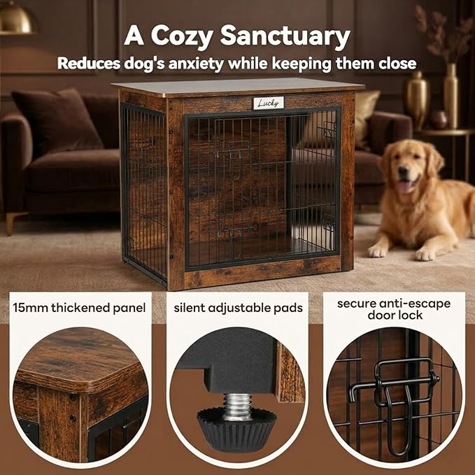 Dog Crate Furniture with Reversible Side Door, 28'' Heavy Duty Wooden Dog Kennel Indoor for Small Medium Dogs, Furniture Style Dog Cage with Double Locks, Steel Mesh, Rustic End Table Dog Crate