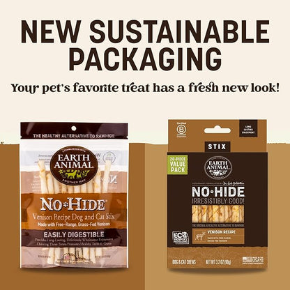 Earth Animal No Hide Stix - Long Lasting Rawhide Free Small Dog Chews Sticks, Venison - 10 Count