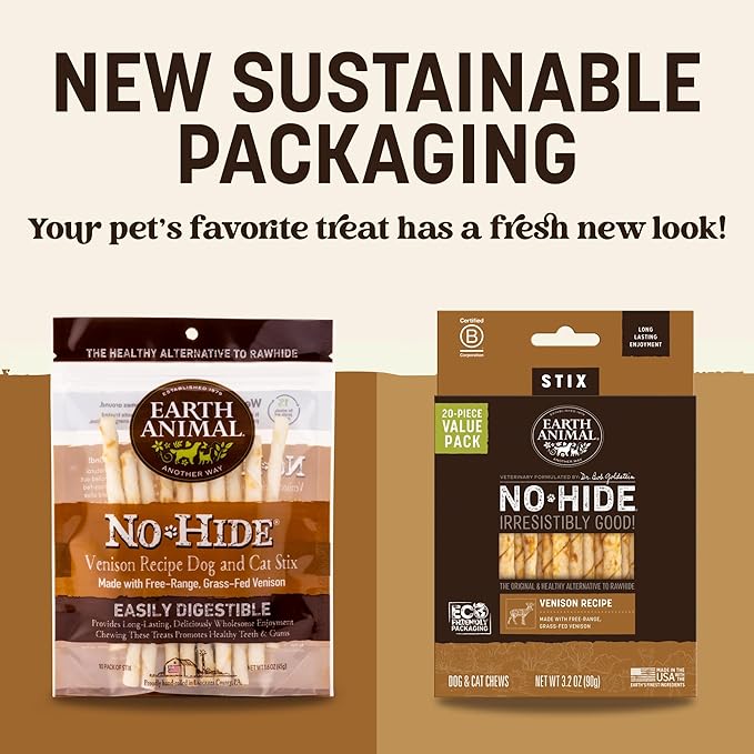 Earth Animal No Hide Stix - Long Lasting Rawhide Free Small Dog Chews Sticks, Venison - 80 Count Extra Value Pack