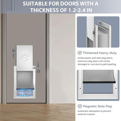 [Petoasis] 3-Flaps Heavy-Duty Dog Door, Rust Proof Aluminum Alloy Frame, Extreme Weather Dog Door Can Block Wind, Snow, and Rainwater Intrusion (Silvery White, Meduim for Door)