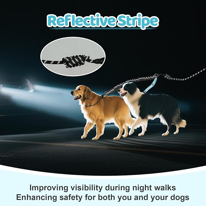 Double Dog Leash - 360°Swivel Tangle Free Splitter Attachment, 1 Rope with Handle, 2 Dogs Multi-Functional Leash, for Outdoor Walk Train Small Medium Large Two Pet, Lake Blue