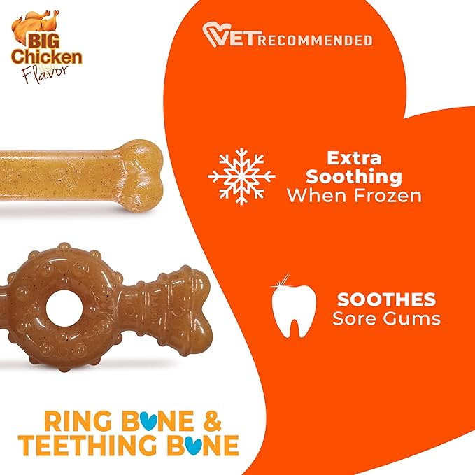Nylabone Ring Bone & Teething Bone Puppy Chew Toy for Dogs, Soothing Puppy Teething Toys, Puppy Enrichment Toys, Long Lasting Chicken Flavor, Medium Dogs - Up to 35 lbs, 2 Pack