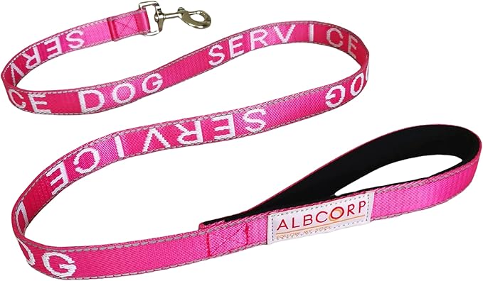 Albcorp Service Dog Leash 4 FT x 1 Inch – Reflective Leash with Embroidered Service Dog Lettering, Heavy-Duty Nylon, Padded Neoprene Handle, Pink.