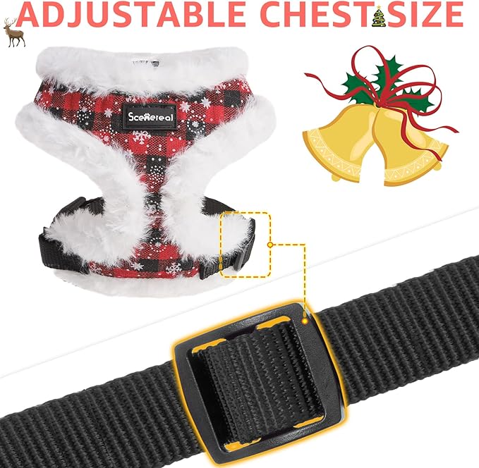 SCENEREAL Dog Christmas Harness Collar and Leash Set, Warm Fleece No Pull Puppy Vest Harnesses No Chock Adjustable Small Pet Halter for Outdoor Walking Training, Black Red Plaid S