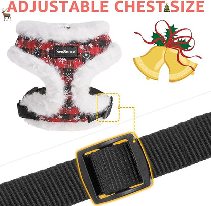 SCENEREAL Dog Christmas Harness Collar and Leash Set, Warm Fleece No Pull Puppy Vest Harnesses No Chock Adjustable Small Pet Halter for Outdoor Walking Training, Black Red Plaid S