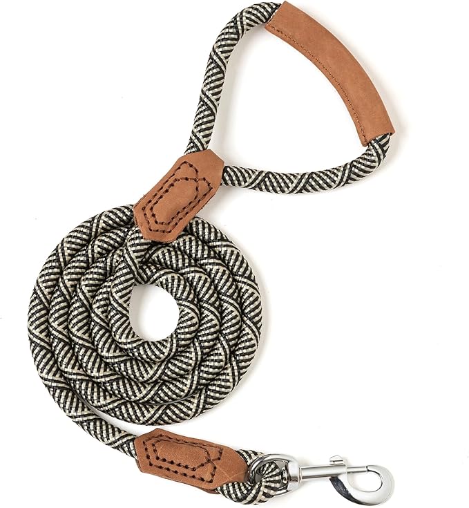 Mile High Life | Premium Leather Handle Dog Leash | Strong Rope Leash | Zinc Alloy Strong Clasp | Small Medium Large Dogs | 4/5/6 Feet(White, 60 Inch (Pack of 1))