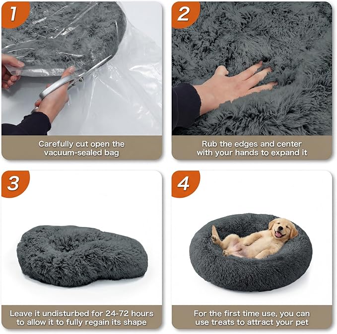 WROS Calming Dog Bed, 24" x 24" x 6" Fits Cat & Dog, Anti-Slip Round Washable Faux Fur for Doze Off, Napping Orthopedic, Dark Grey