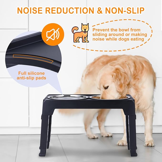 LALOBLUE Elevated Dog Bowls, Raised Bowl with 2 Stainless Steel Food Bowls, Dog Bowls Stand Adjusts to 5 Heights 2.95", 8.46", 9.65", 10.82", 12.01" for Small Medium Large Cats Pets,Black