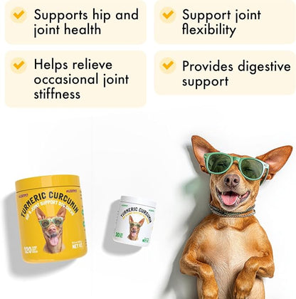 Turmeric Curcumin Hip & Joint Dogs Supplement Anti-Inflammatory Support for Arthritis & Mobility with Collagen & BioPerine Pain Relief Antioxidant Digestive Cardiovascular and Liver Health 120 Chews