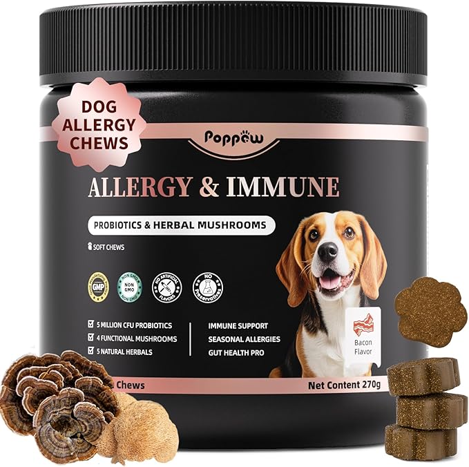 Turkey Tail Mushroom for Dogs,Dog Allergy Chews, Probiotics for Dog Allergy Relief - Itchy Skin- Allergy Paw Relief - Seasonal Allergies & Immune Gut Health & Joint, Bacon Flavor - 90 Count