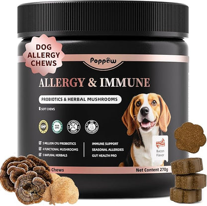 Turkey Tail Mushroom for Dogs,Dog Allergy Chews, Probiotics for Dog Allergy Relief - Itchy Skin- Allergy Paw Relief - Seasonal Allergies & Immune Gut Health & Joint, Bacon Flavor - 90 Count