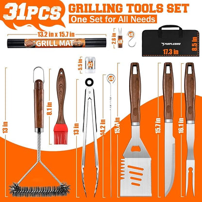 PURPLEBIRD 31PCS Grill Set for Outdoor Grill - Grilling Gift for Men & Dad, Heavy Duty Stainless BBQ Tools Kit for Camping, Grilling Utensils Set with Cleaner Brush, Thermometer, Storage Bag, BBQ Mat