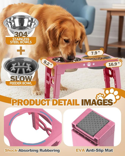 Jovrun Elevated Dog Bowls for Medium Large Size Dogs, Non-Slip Dog Feeder with 1*Stainless Steel Dishes & 1*Slow Feeder Bowl, 5 Heights Adjustable Raised Bowls to 3.15″-8.66″-9.84″-11.02″-12.2″