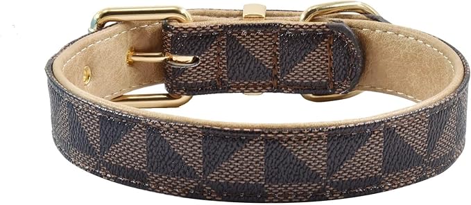 Leather Dog Collar and Leash Set, Check Pattern Dog Collar Leashes Metal Buckle Adjustable Durable for Small Medium Large Dogs (Brown, M(11.8-15IN))