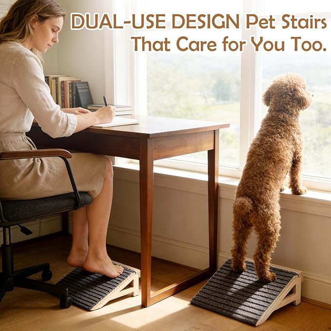2-Pack Dog Ramp Stairs for Pets ups to 170lbs, Durable Anti-Slip Carpet Surface, Wooden Low-Angled Pet Ramp Assist for Injured & Aged Pets, Stairs Ramp for Small Dogs, No Assembly（Natural Solid Wood）