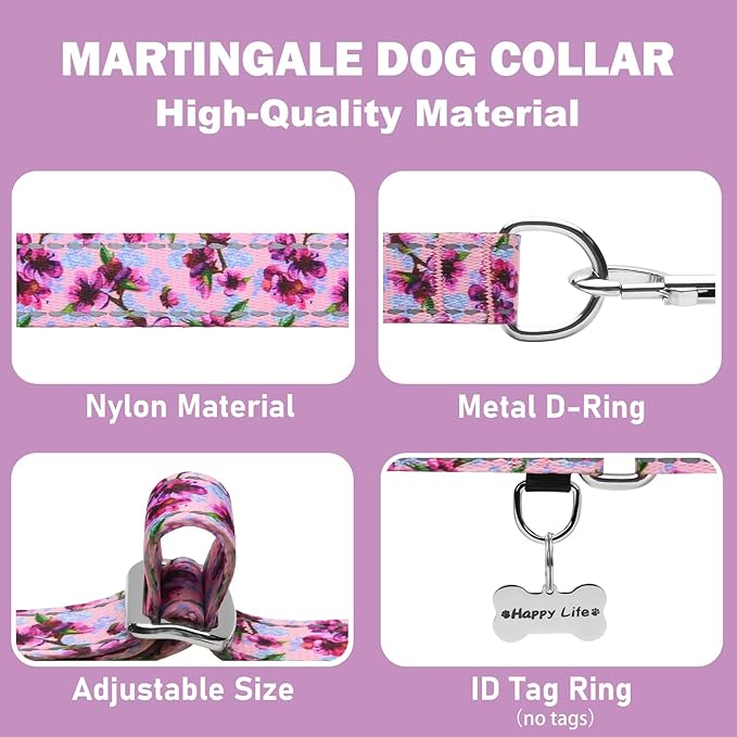 Reflective Martingale Collar for Dogs Nylon Training Collar with No Buckle Cute Floral No Pull Dog Collar for Large Dogs（Purple Flower，L）