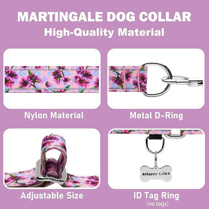 Reflective Martingale Collar for Dogs Nylon Training Collar with No Buckle Cute Floral No Pull Dog Collar for Large Dogs（Purple Flower，L）