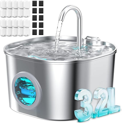 Stainless Steel Cat Water Fountain: 108oz/3.2L Pet Water Fountains Cat Watering Fountain Indoor Automatic Waterer Dispenser for Drinking Small Dogs Water Bowl Metal Kitty Faucet Watering Supplies