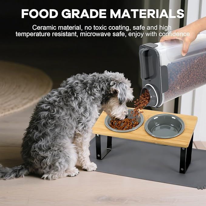 LEAWALK Upgraded Adjustable Height Cat Food Bowls Stand Ceramic Dog Bowls and Slow Feeder Cat Bowl, 15°Tilted Stand Anti Vomiting Raised for Small and Medium Sized Cats Dogs (Grey (2 Bowl+Pet mat))