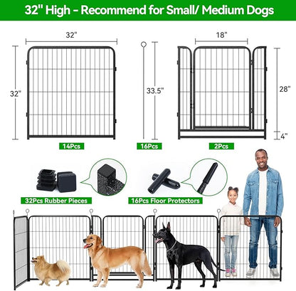 Kfvigoho Dog Playpen Outdoor Extra Wide 16 Piece Panels Heavy Duty Dog Fence 32" Height Anti-Rust with Doors Portable for RV Camping Yard, Total 42FT, 140 Sq.ft, Snowy Black