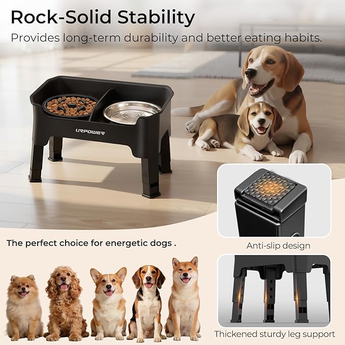URPOWER Mess Proof Elevated Dog Bowls, High Wall Splash Guard Design, 4 Height Adjustable Raised Bowl Stand, 2 Stainless Steel Bowls, Non-Slip Food Water Set for Small Medium Large Dogs