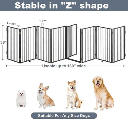 Metal Freestanding Dog Gates with Door for Outdoor Indoor,160'' Extra Wide 36'' Tall Free Standing Dog Gate for Doorways,Large Openings,Deck,Yard,Porch,Foldable Pet Fence(Black,8 Panels)