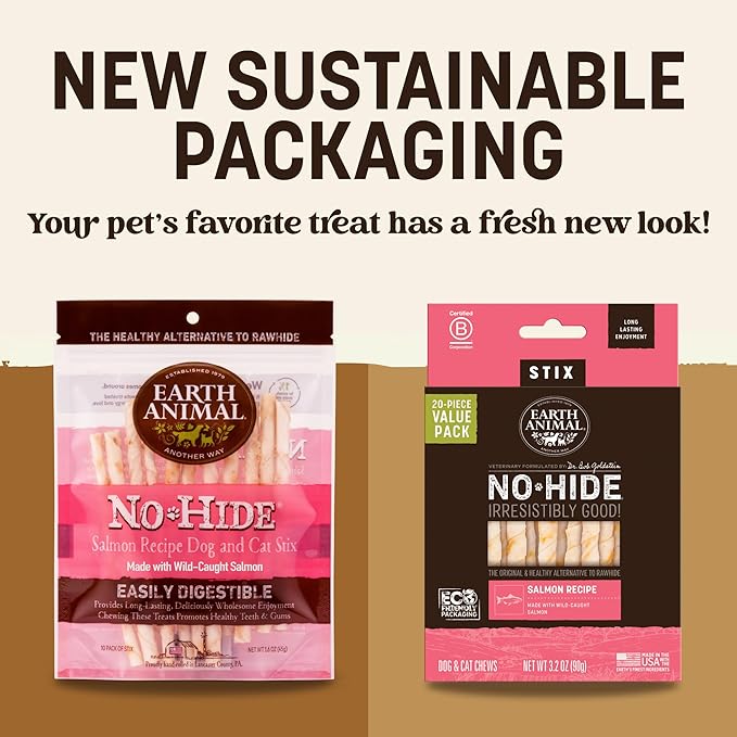 Earth Animal No Hide Stix - Long Lasting Rawhide Free Small Dog Chews Sticks, Salmon - 10 Count