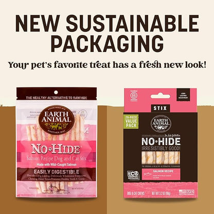 Earth Animal No Hide Stix - Long Lasting Rawhide Free Small Dog Chews Sticks, Salmon - 10 Count